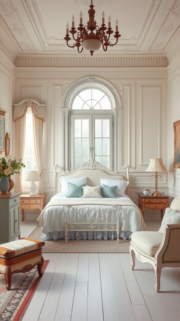 A classic ivory bedroom featuring elegant decor, vintage furniture, and soft natural light.