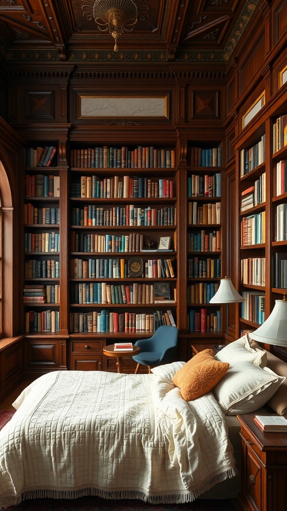 A cozy bedroom featuring rich wood accents, built-in bookshelves filled with books, and a comfortable bed with soft neutral bedding.