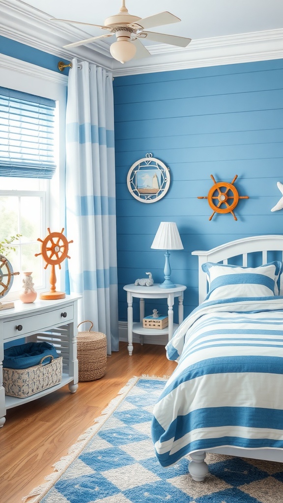 A nautical-themed bedroom featuring blue walls, striped bedding, and marine decor elements.