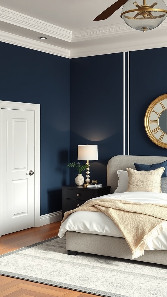 A bedroom featuring classic navy striped walls with a white decorative stripe, a comfortable bed, and a bedside table.