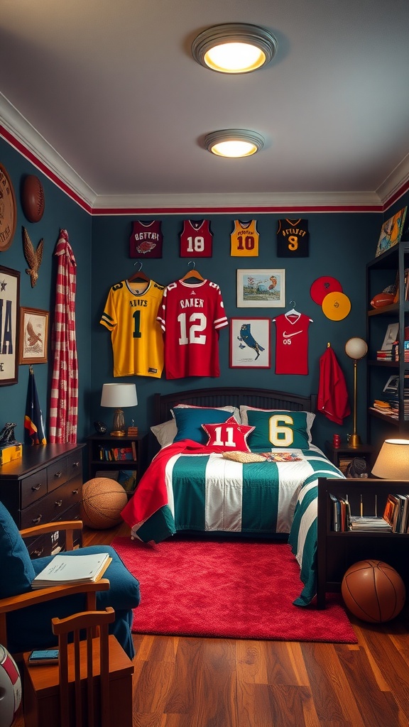 A teenager's bedroom featuring classic sports team colors with jerseys on the wall, vibrant bedding, and sporty decor.