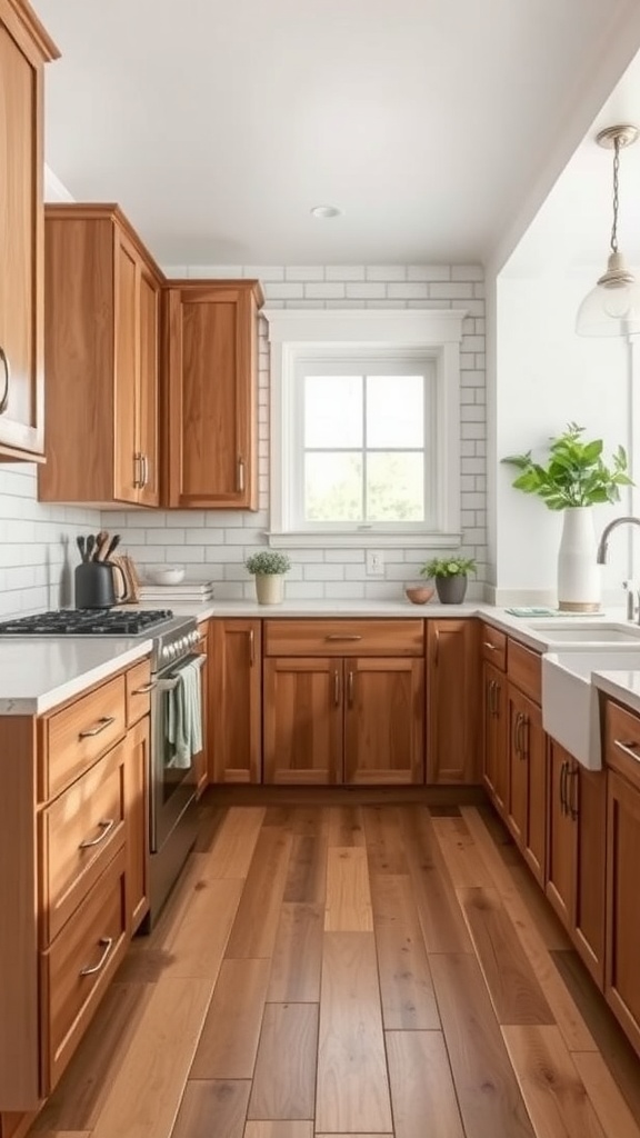 Farmhouse kitchen featuring classic subway tile backsplash and wooden flooring.