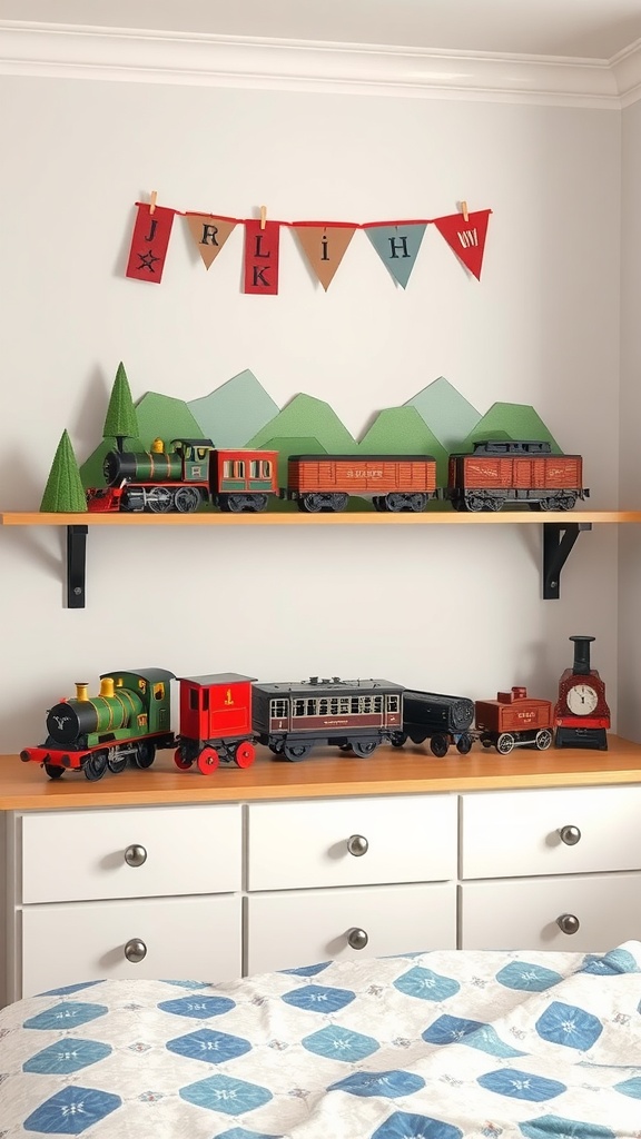 A colorful wooden train set displayed on a shelf against a wall, with a playful banner above, and a cozy bed in the foreground.