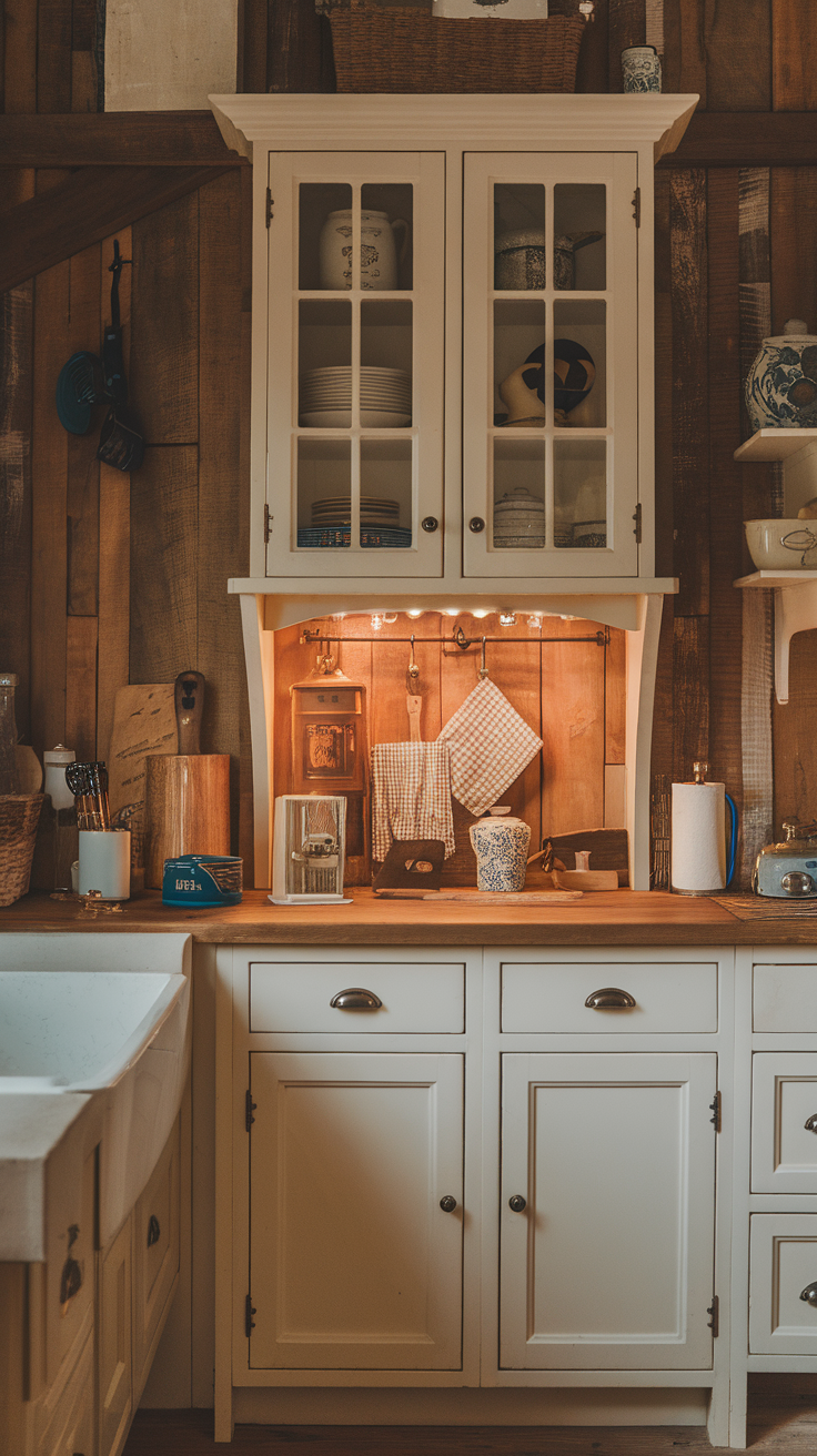 Image of a kitchen featuring classic white shaker cabinets with a wooden countertop and various kitchen items.