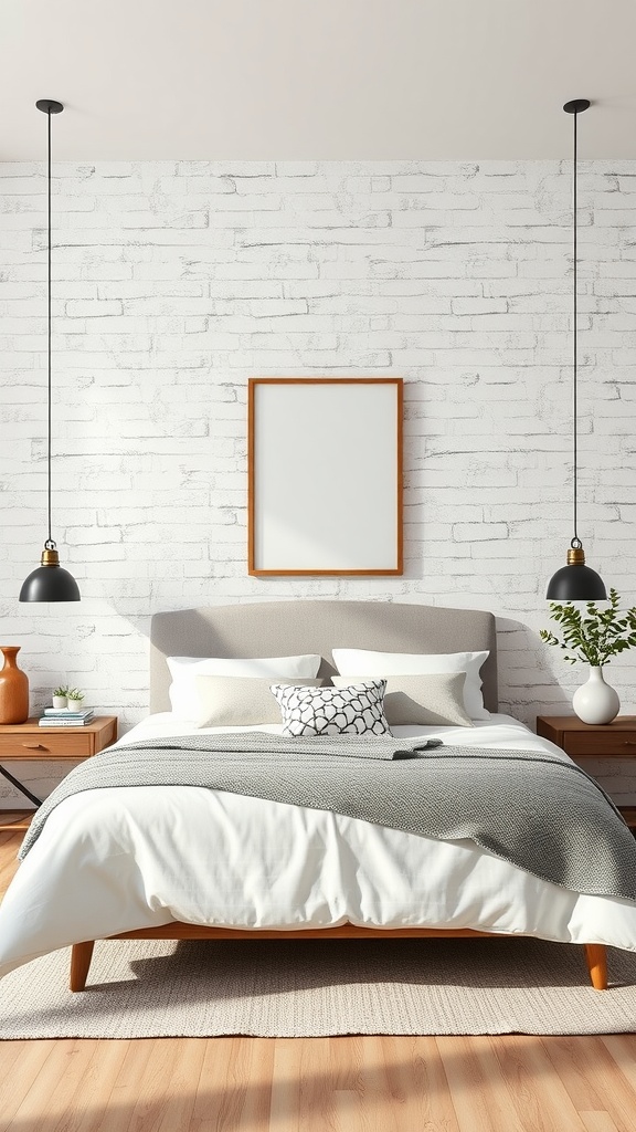 A cozy bedroom featuring a classic whitewashed brick accent wall with a bed and pendant lights.