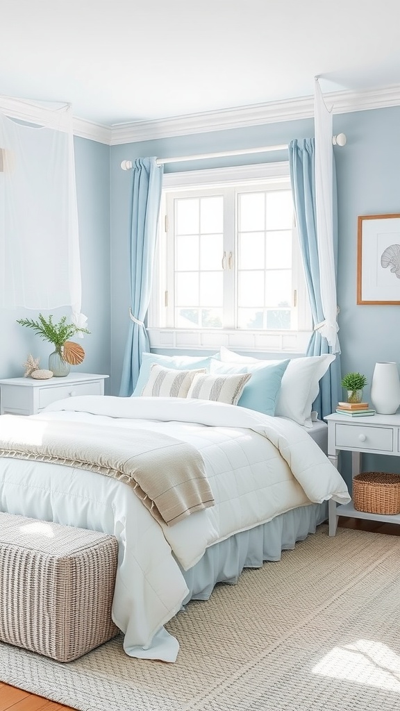 Coastal-inspired bedroom with soft blue tones, light bedding, and natural decor.