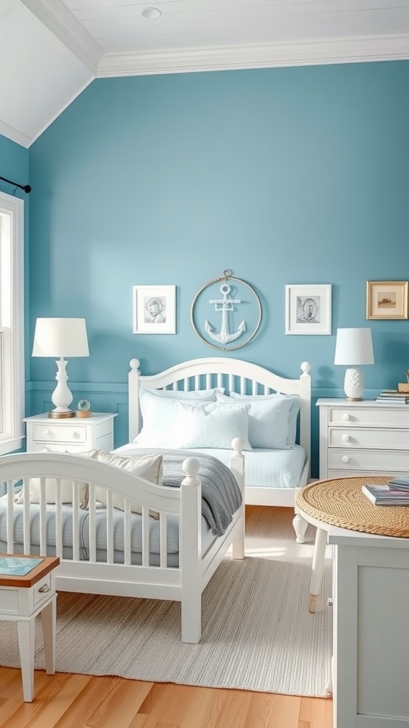 A cozy bedroom with a coastal blue accent wall, white furniture, and nautical decor.