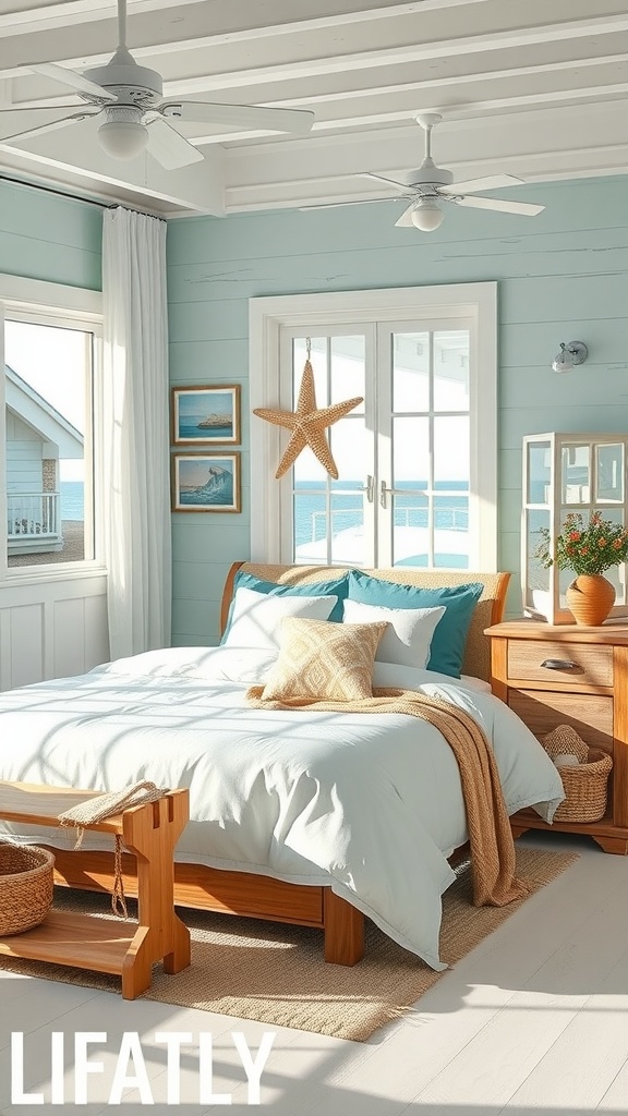 A serene coastal-themed bedroom with blue walls, wooden furniture, and ocean view.