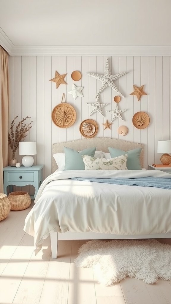 Coastal themed bedroom with ocean hues, featuring starfish wall decor and a cozy bed