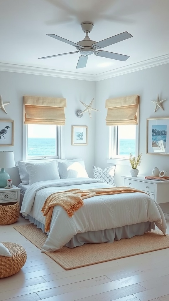 A bright coastal-themed bedroom with white bedding, blue accents, and beach-themed decor.