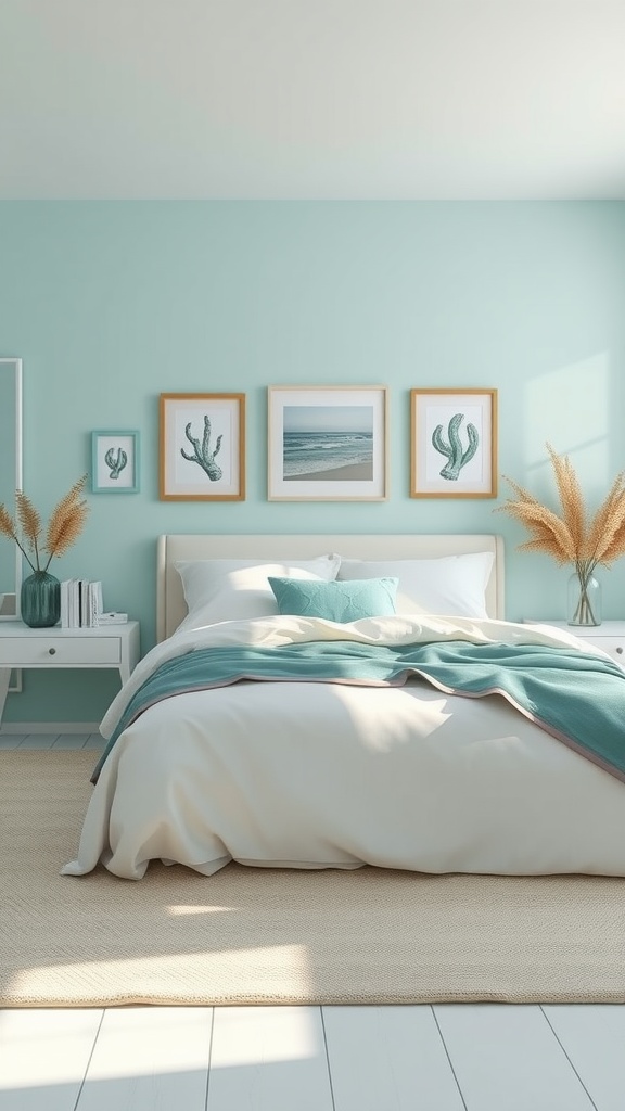 A serene bedroom with soft aqua walls, coastal art, and inviting bedding.