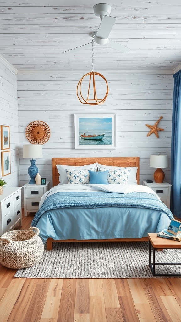A cozy blue-themed bedroom with coastal decor, featuring a wooden bed, blue accents, and nautical artwork.