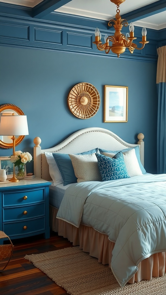 A coastal inspired bedroom featuring blue walls, a gold chandelier, and a blue nightstand.