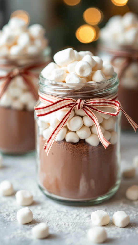 Jars filled with cocoa powder and marshmallows, tied with red and white striped ribbons.