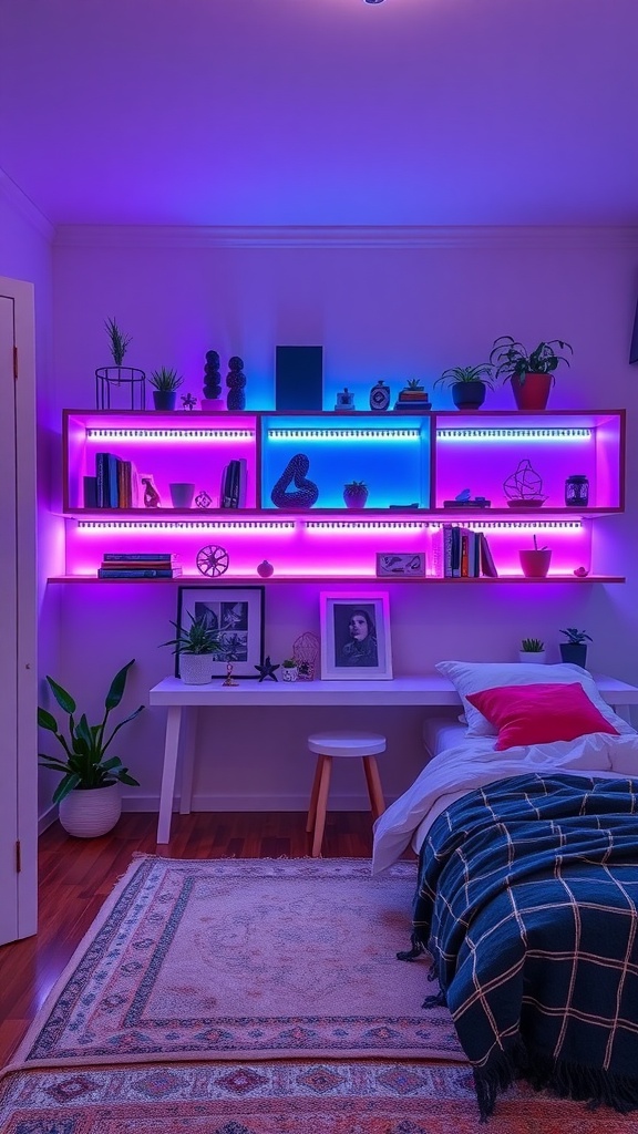 A cozy boho bedroom featuring color-changing LED strip lights illuminating shelves with plants and decor