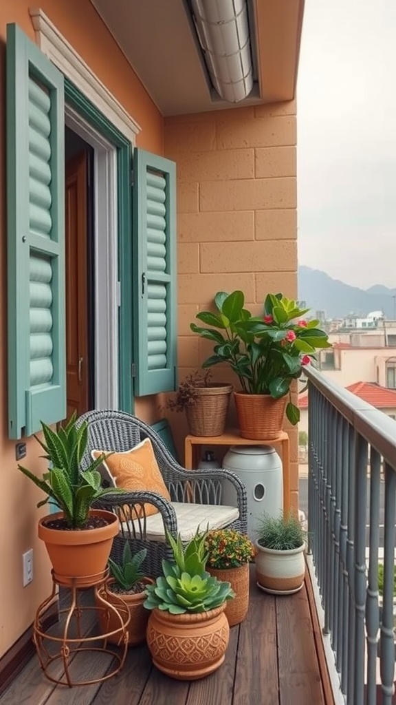 Cozy balcony with plants and a wicker chair, featuring pastel and earthy color palette.
