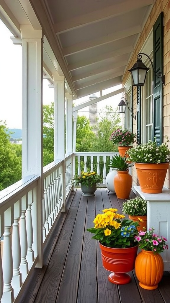 A cozy farmhouse balcony with colorful flower pots and wooden flooring