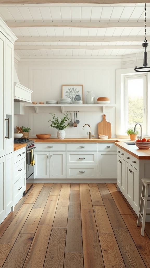 A bright farmhouse kitchen featuring white cabinets and rustic wood floors.