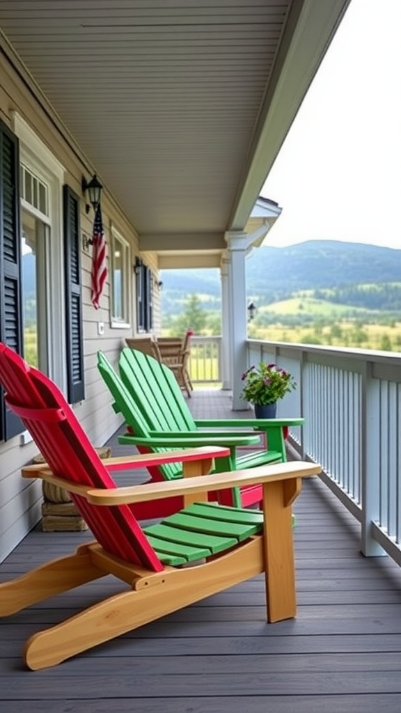 Colorful Adirondack chairs on a farmhouse back porch with a scenic view