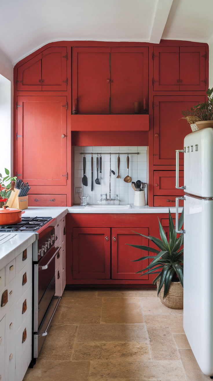A kitchen featuring barn red cabinets, a white countertop, and a mix of utensils and plants.