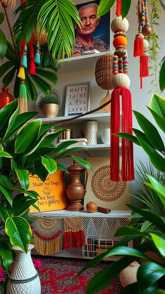 A vibrant display of colorful beaded decor with tassels and woven pieces in a Boho jungle themed setting.