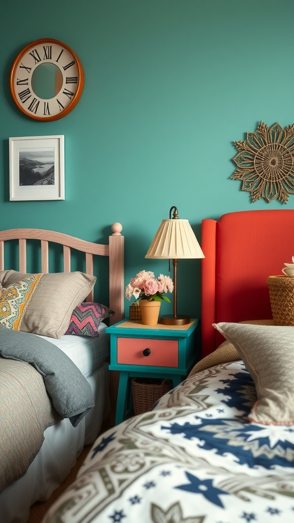 A cozy boho eclectic bedroom with colorful bedside tables in turquoise and coral, featuring a lamp and flowers.