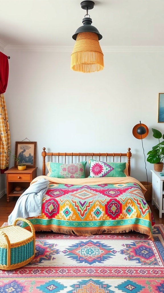 A colorful bohemian bedroom featuring vibrant textiles, a wooden bed, patterned blankets, and unique lighting.