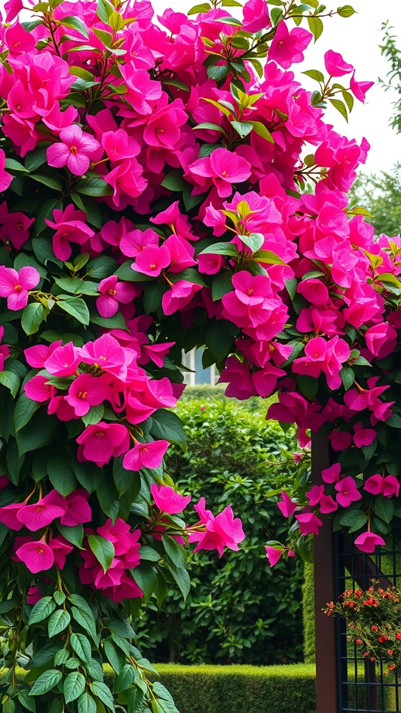 A vibrant display of bougainvillea flowers in shades of magenta.