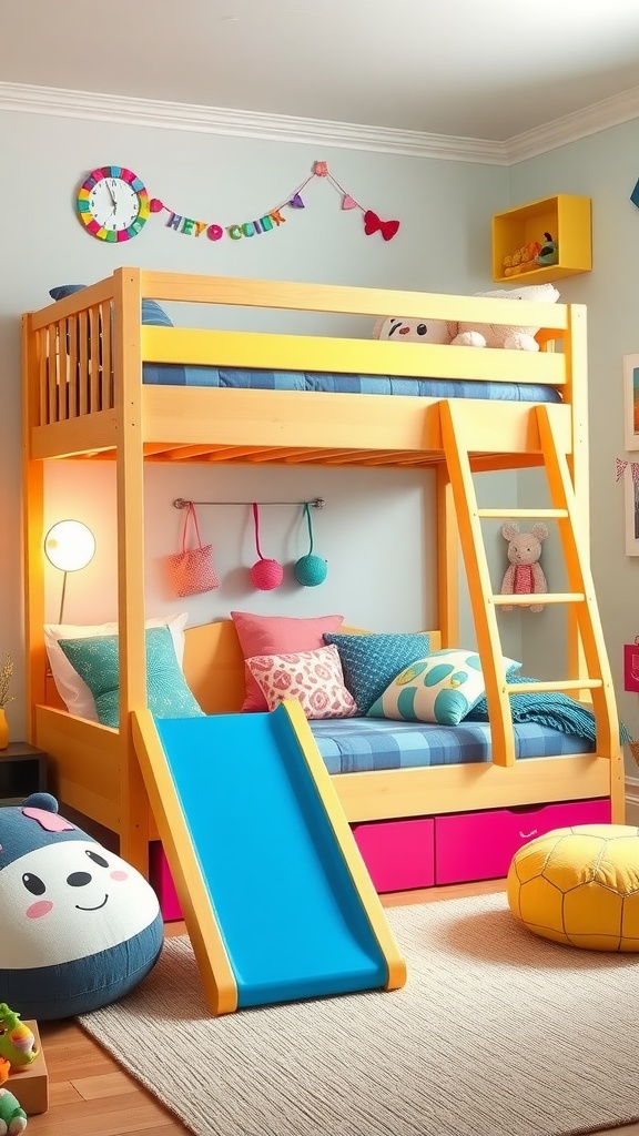 Colorful bunk bed with slide in a playful girl's bedroom