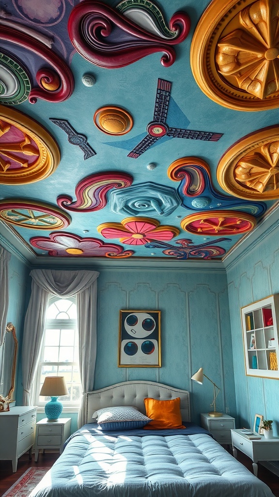 A colorful, intricately designed ceiling in a bedroom with light blue walls and cozy furnishings.