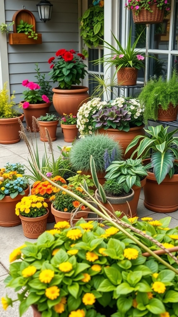 A vibrant collection of plants in terracotta pots, featuring colorful flowers and lush foliage arranged in a cozy garden space.