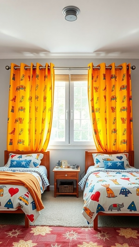 A twin boys bedroom featuring bright yellow curtains with playful patterns, two beds with colorful bedding, and a cozy atmosphere.