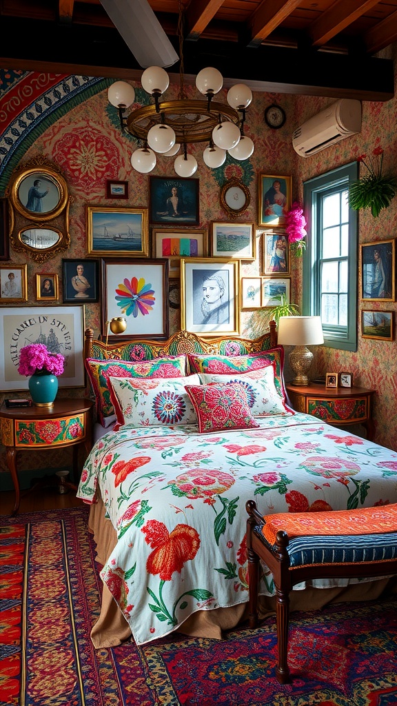 A colorful eclectic bedroom featuring floral bedding, framed artwork, and warm wooden accents.