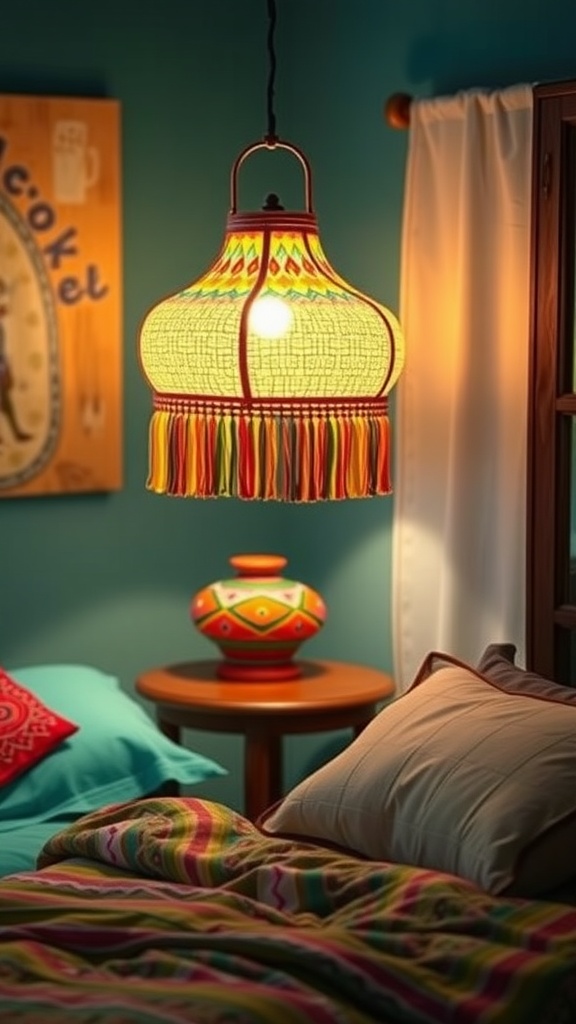 A colorful fabric shade lamp illuminating a cozy boho bedroom with vibrant decor.