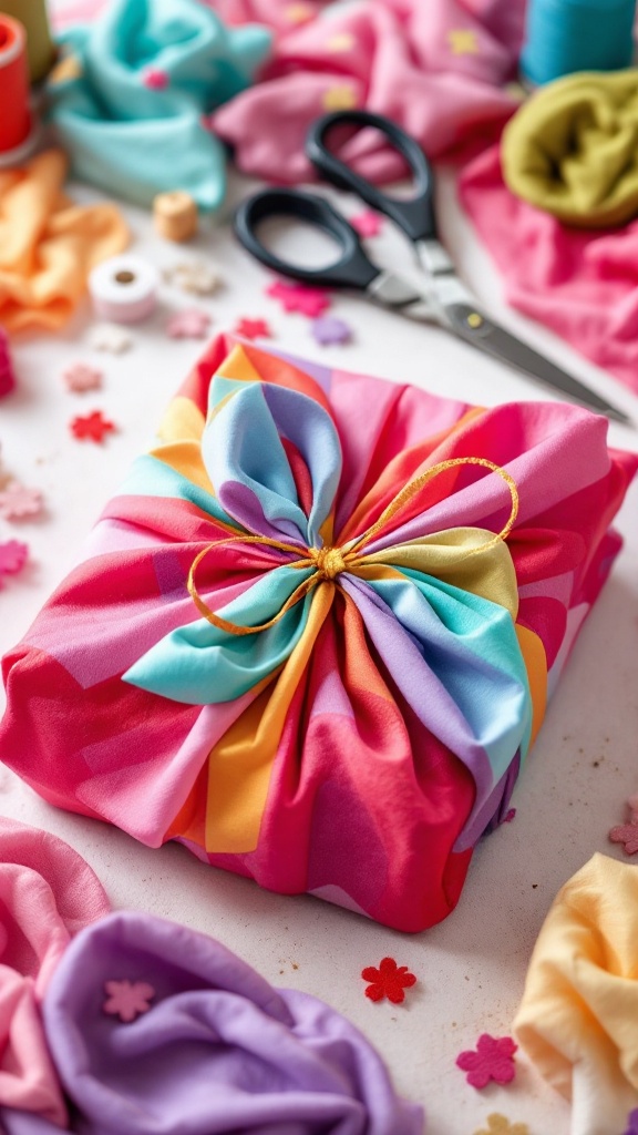 Colorful fabric-wrapped gift on a table surrounded by various fabrics and scissors.
