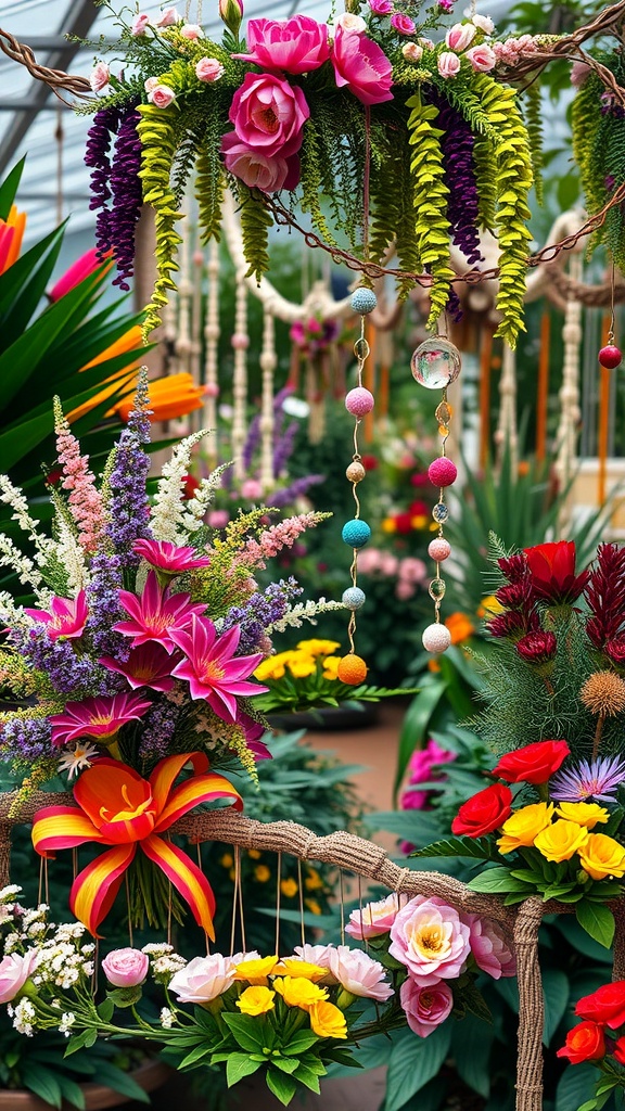 A vibrant display of colorful flowers arranged in a bohemian style with various blooms and greenery.