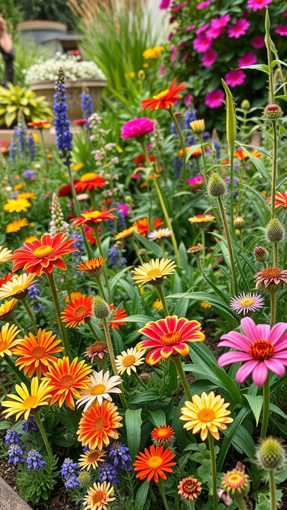 Colorful flower beds featuring a variety of vibrant flowers including daisies and zinnias, surrounded by lush green plants.