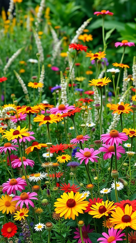 A vibrant flower bed filled with colorful wildflowers in various shades of yellow, pink, red, and white