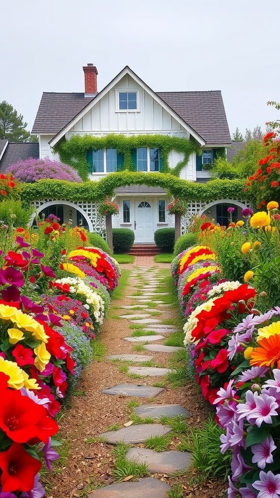 Pathway lined with colorful flowers leading to a farmhouse
