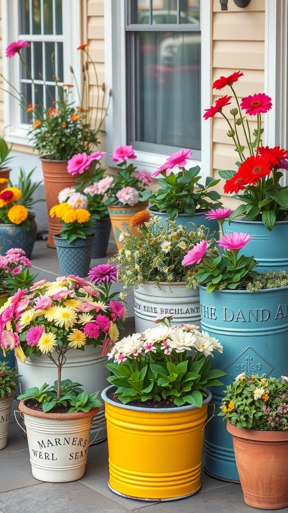 A collection of colorful galvanized planters filled with various flowers on a patio.
