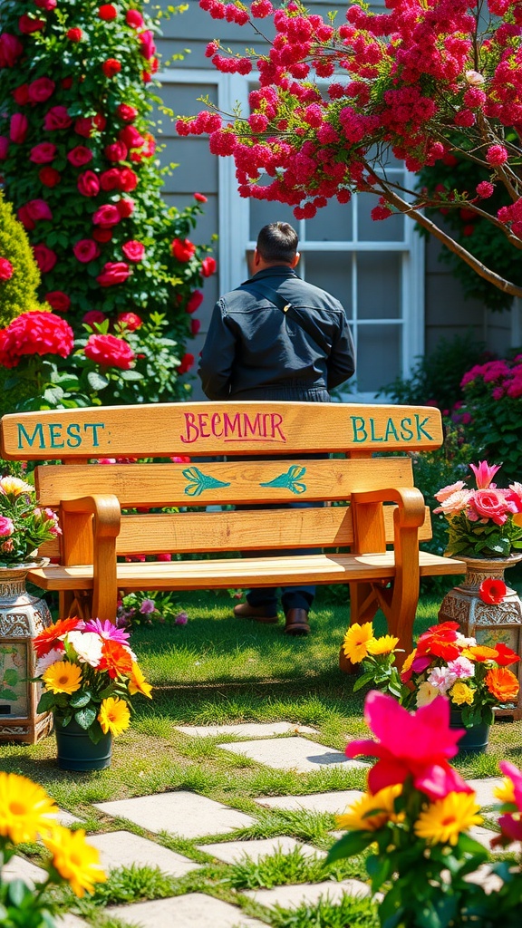 A colorful wooden bench surrounded by vibrant flowers in a garden