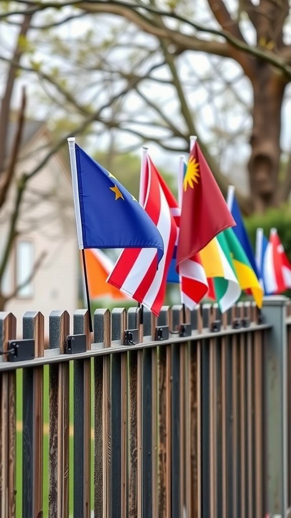 A row of colorful flags displayed on a wooden fence in a garden setting.