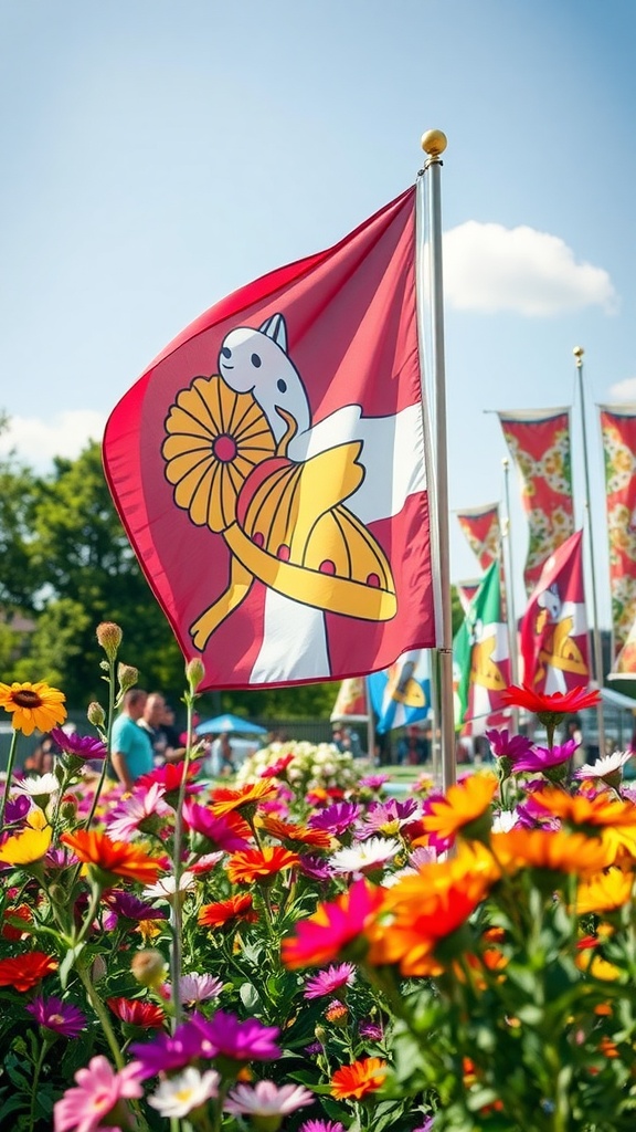 A vibrant garden scene with colorful flags waving among blooming flowers.