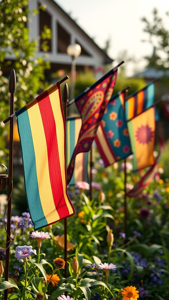 Colorful garden flags in a vibrant garden setting