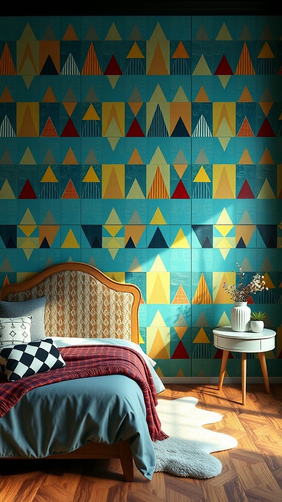 A colorful boys bedroom featuring geometric patterns on the wall with a cozy bed and playful decor.
