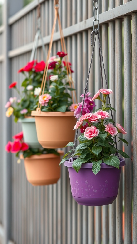 Colorful hanging planters with various flowers on a wooden fence