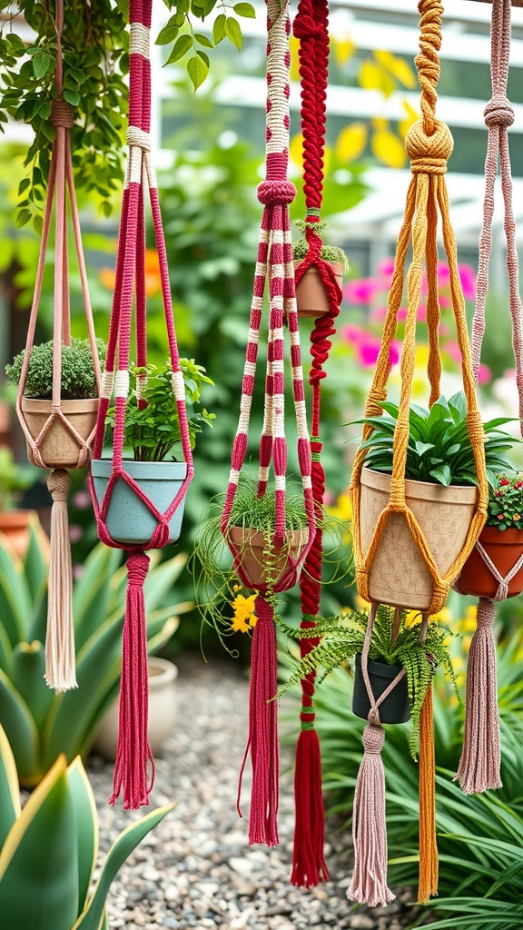 Colorful macramé plant hangers with various potted plants in a garden setting