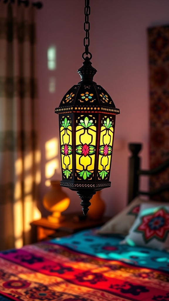 A colorful Moroccan lantern hanging in a boho bedroom, casting vibrant light patterns.
