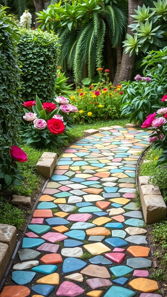 Colorful mosaic path surrounded by flowers and greenery in a small garden.