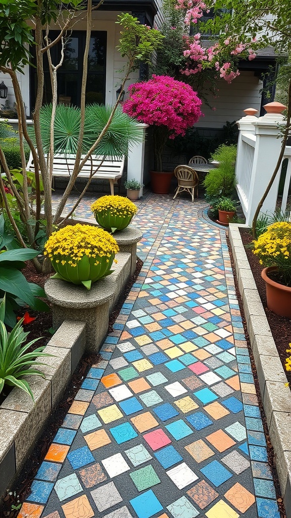 A vibrant mosaic pathway surrounded by colorful flowers and greenery, creating a bohemian garden atmosphere.